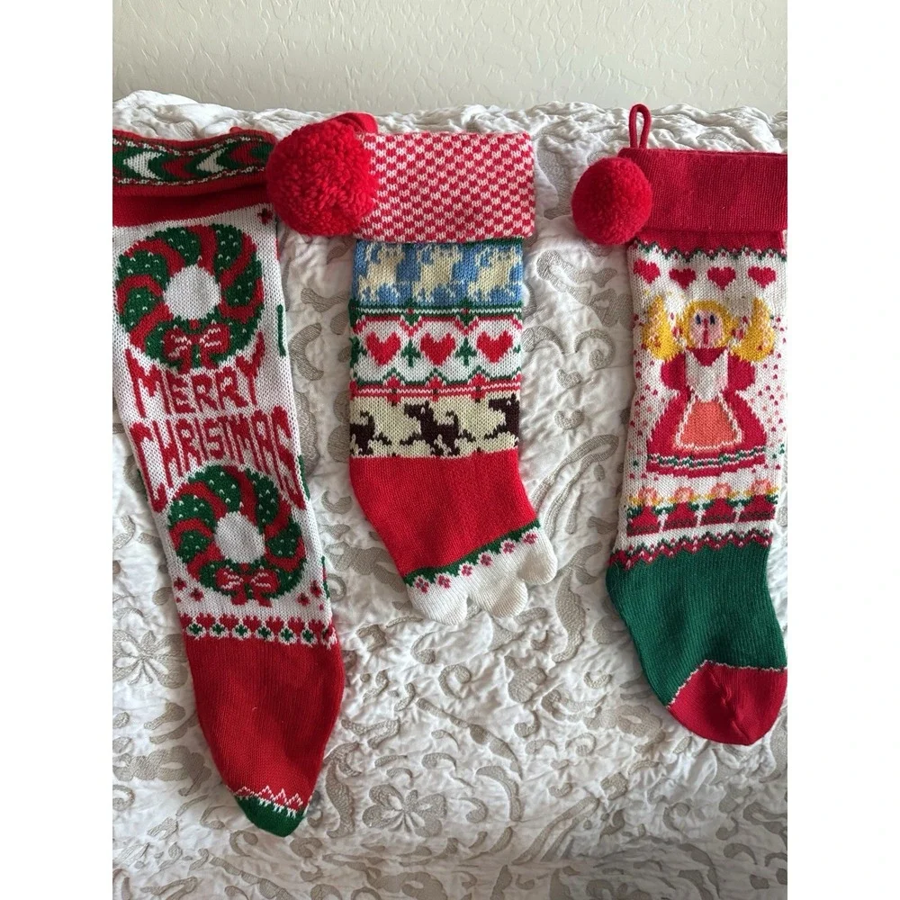 3 Vintage CHRISTMAS Stockings knit Dog, Santa/Carolers/Toys Merry Christmas 1960